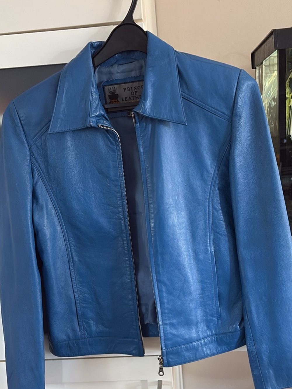 Women's Blue Zip-Front Leather Jacket